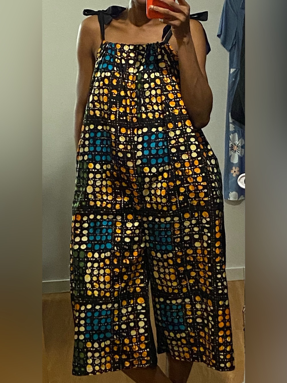 African Ankara Print Wide Leg Capri Jumpsuit with solid black back. Summer Vibe - Picture 9 of 12